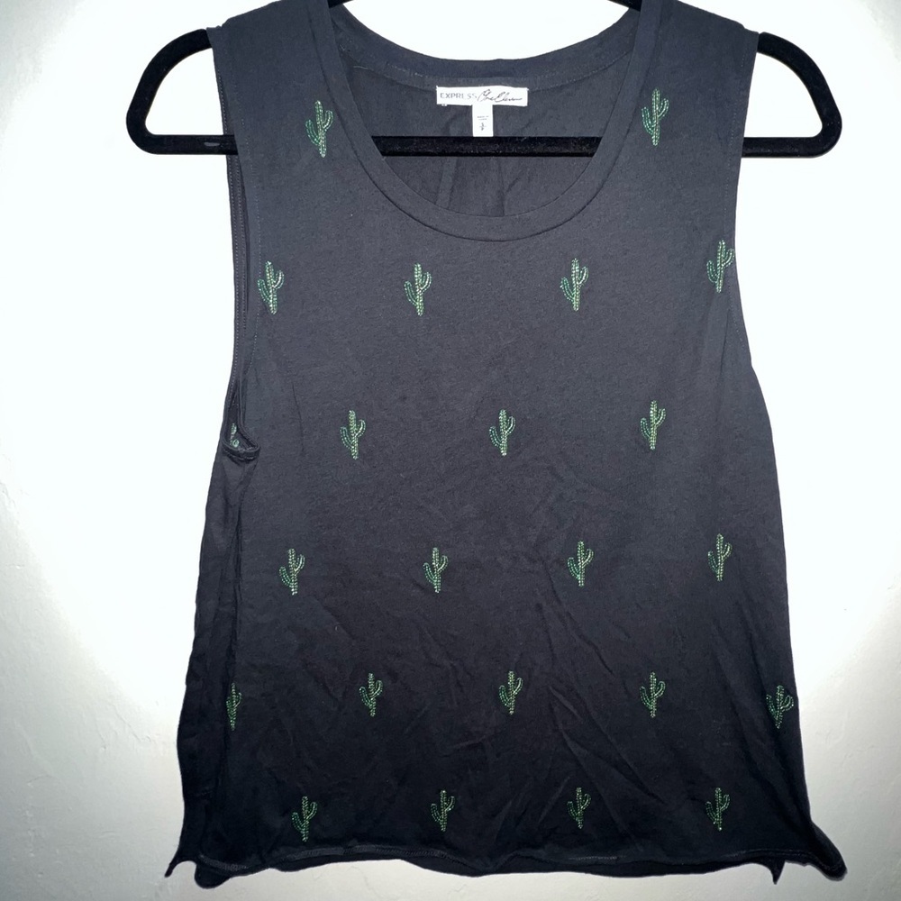 Express one eleven black Tank Top‎ with Green embroidered Cactus Design small